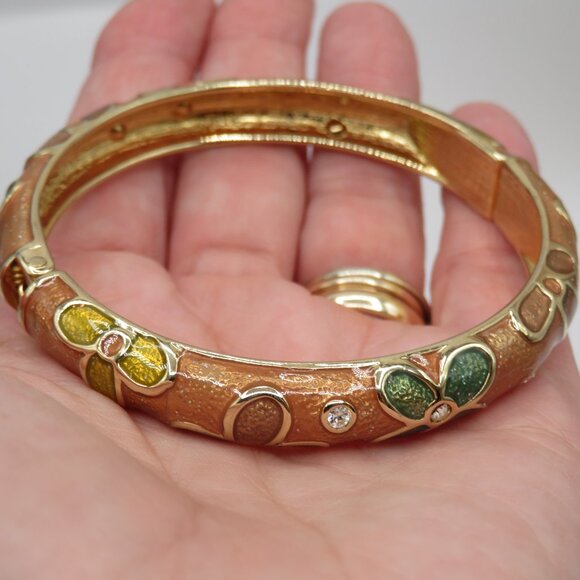 Cloisonne Style Enamel Rhinestone Gold Tone Bangle Bracelet - Picture 4 of 7